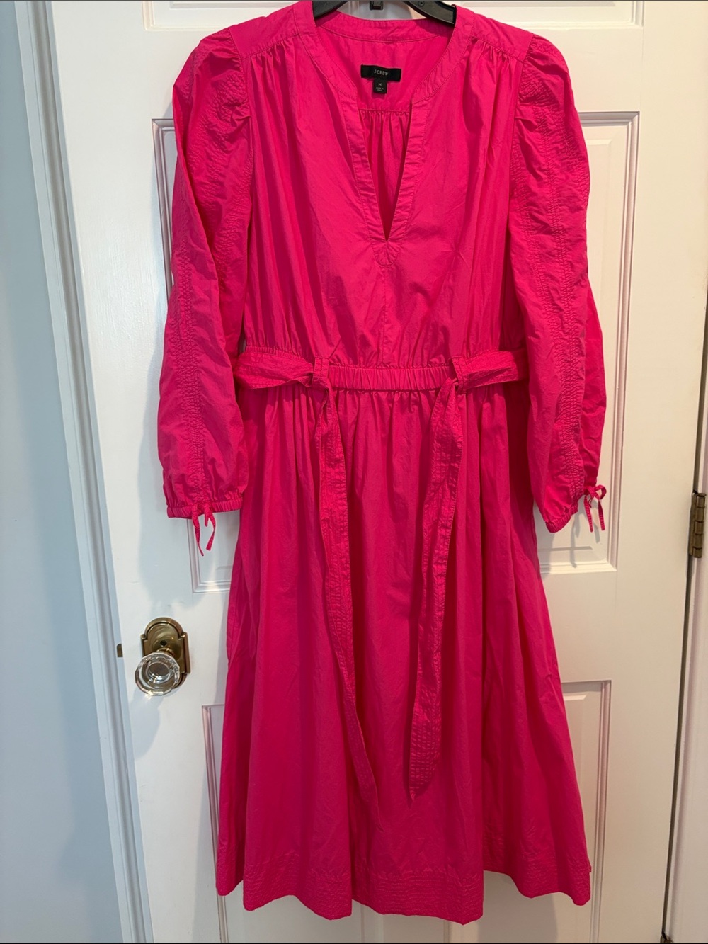 J. Crew Hot Pink Puff-Sleeve Tie-Waist Midi Dress